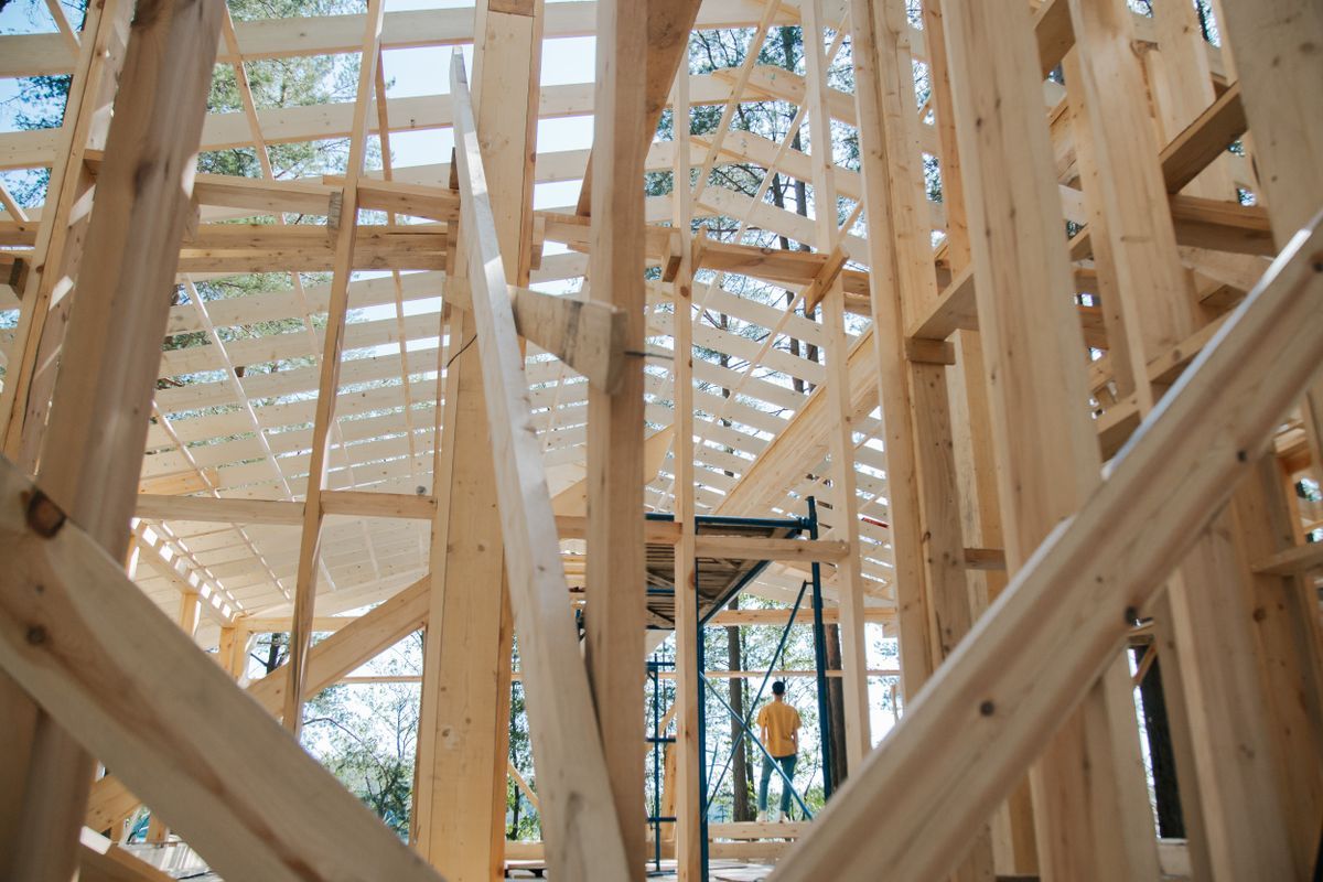 Wood roof framing seen from inside