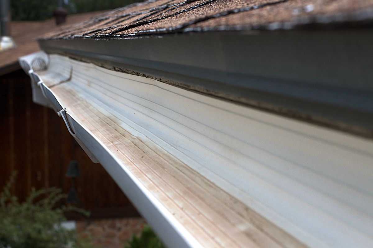 White gutter along the edge of a shingle roof